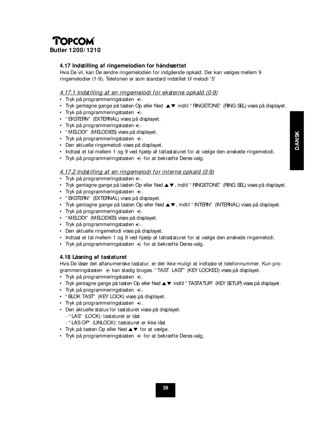 Topcom 1210, 1200 manual Indstilling af ringemelodien for håndsættet, Indstilling af en ringemelodi for eksterne opkald 