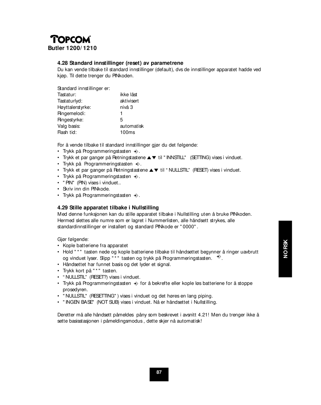 Topcom 1210, 1200 manual Standard innstillinger reset av parametrene, Stille apparatet tilbake i Nullstilling 