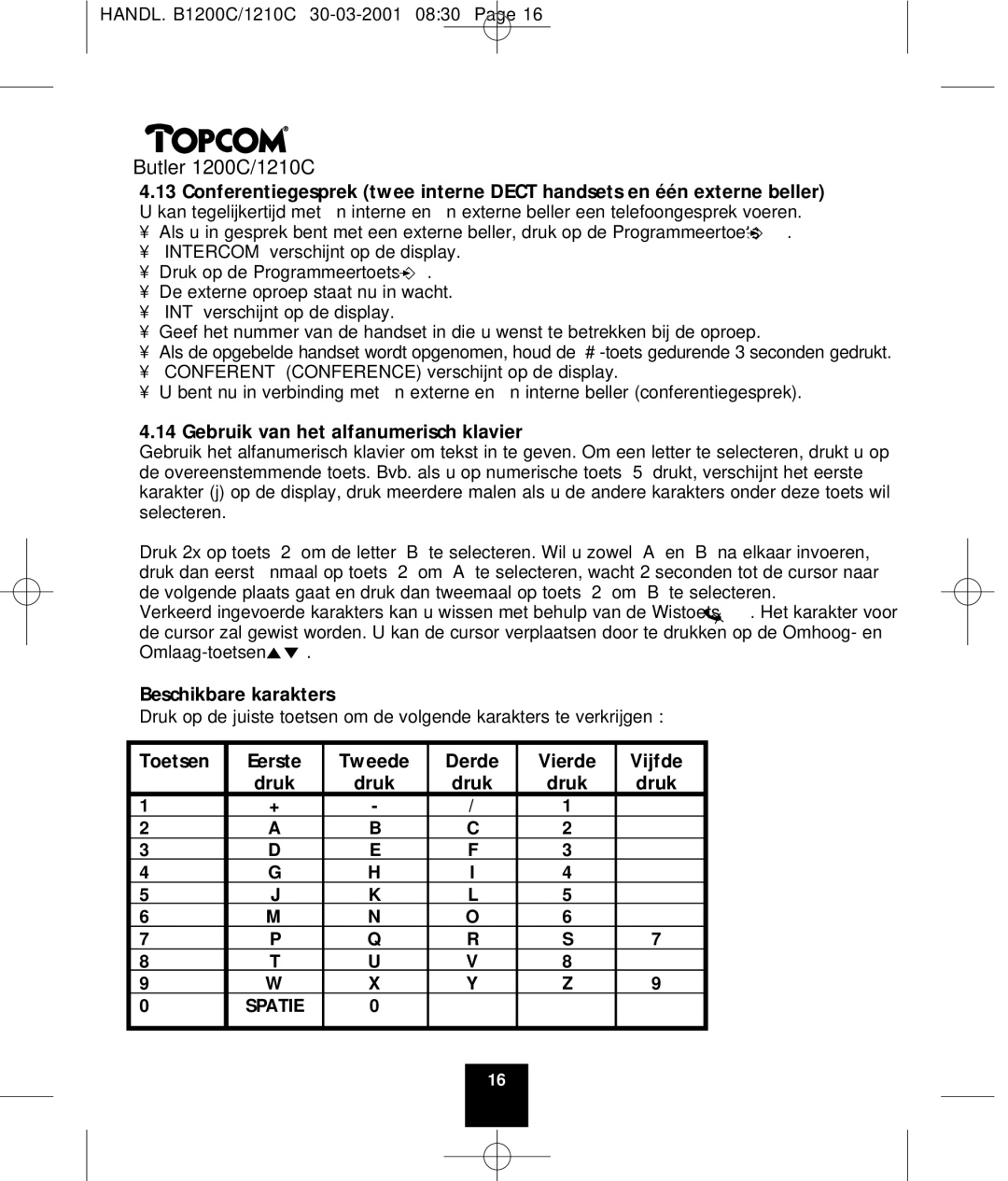 Topcom 1200C manual Gebruik van het alfanumerisch klavier, Beschikbare karakters, Toetsen Eerste Tweede Derde Vierde Vijfde 