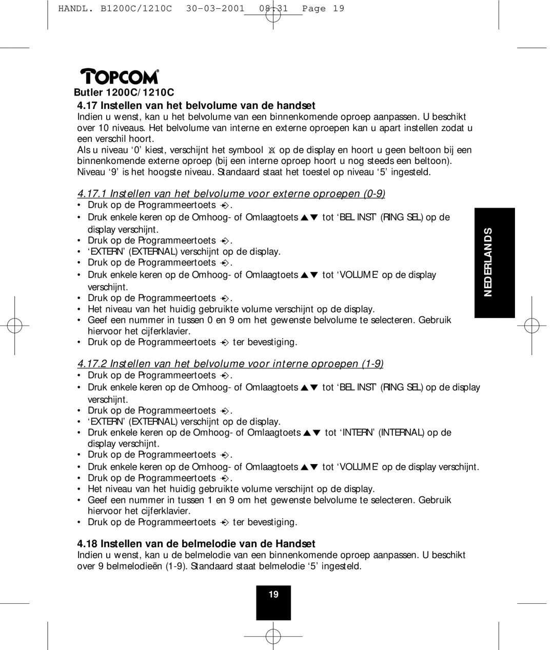 Topcom 1210C, 1200C manual Instellen van het belvolume van de handset, Instellen van het belvolume voor externe oproepen 