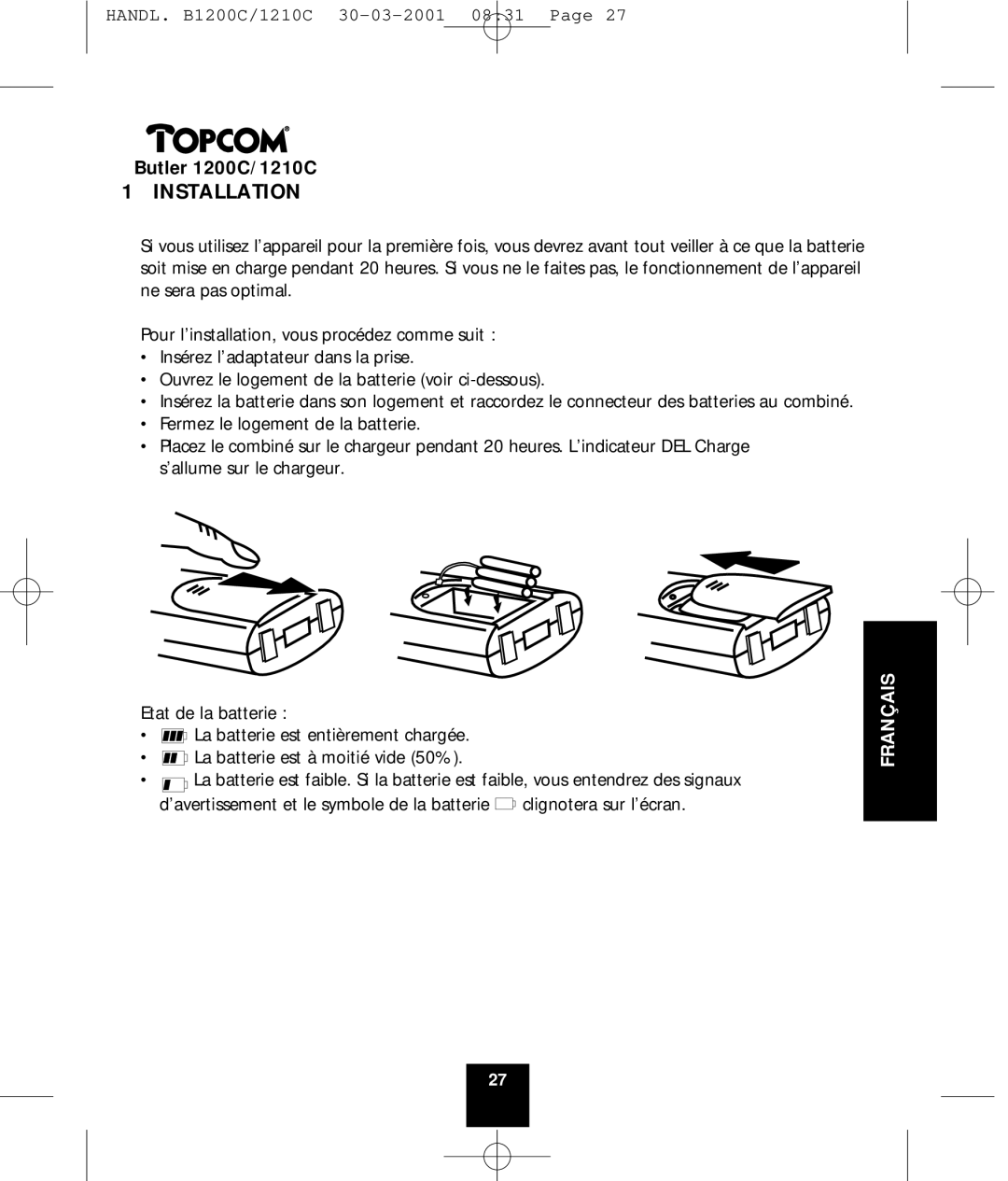 Topcom 1210C, 1200C manual Installation, Français 