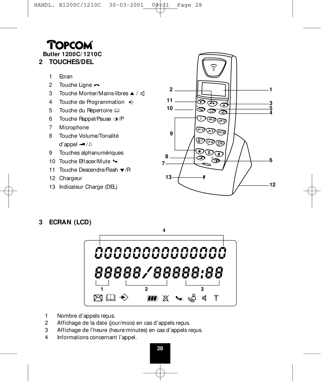 Topcom 1200C, 1210C manual Touches/Del, Ecran LCD 