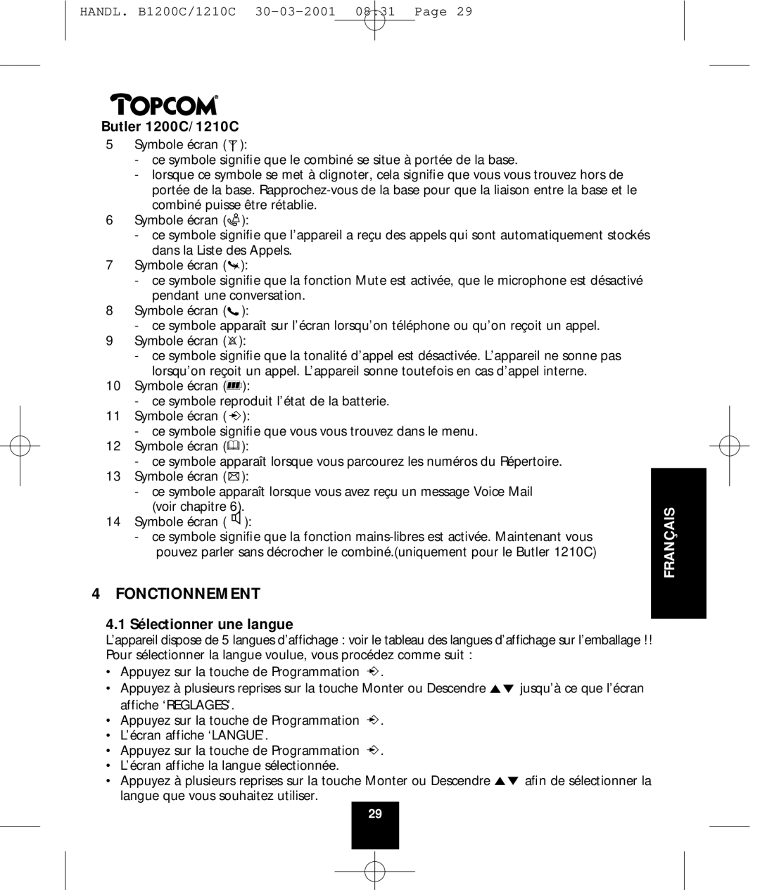 Topcom 1210C, 1200C manual Fonctionnement, Sélectionner une langue 