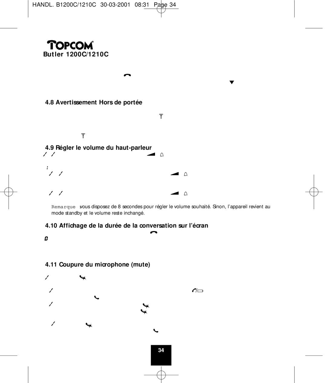 Topcom 1200C, 1210C manual Avertissement Hors de portée, Régler le volume du haut-parleur, Coupure du microphone mute 