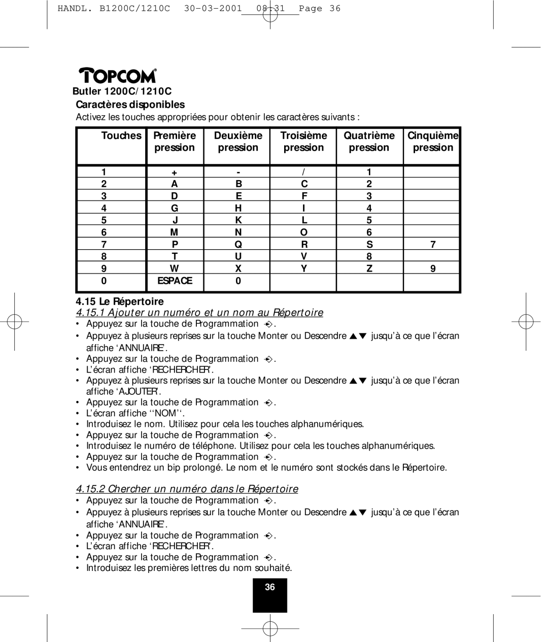 Topcom 1200C, 1210C manual Caractères disponibles, Touches Première Deuxième Troisième Quatrième, Le Répertoire 