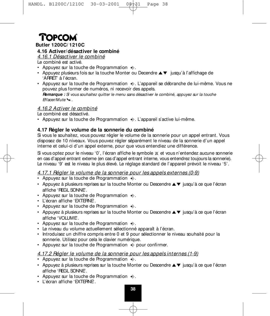 Topcom 1200C, 1210C manual Activer le combiné Le combiné est désactivé, 17 Régler le volume de la sonnerie du combiné 