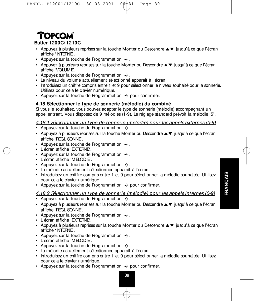 Topcom 1210C, 1200C manual 18 Sélectionner le type de sonnerie mélodie du combiné 