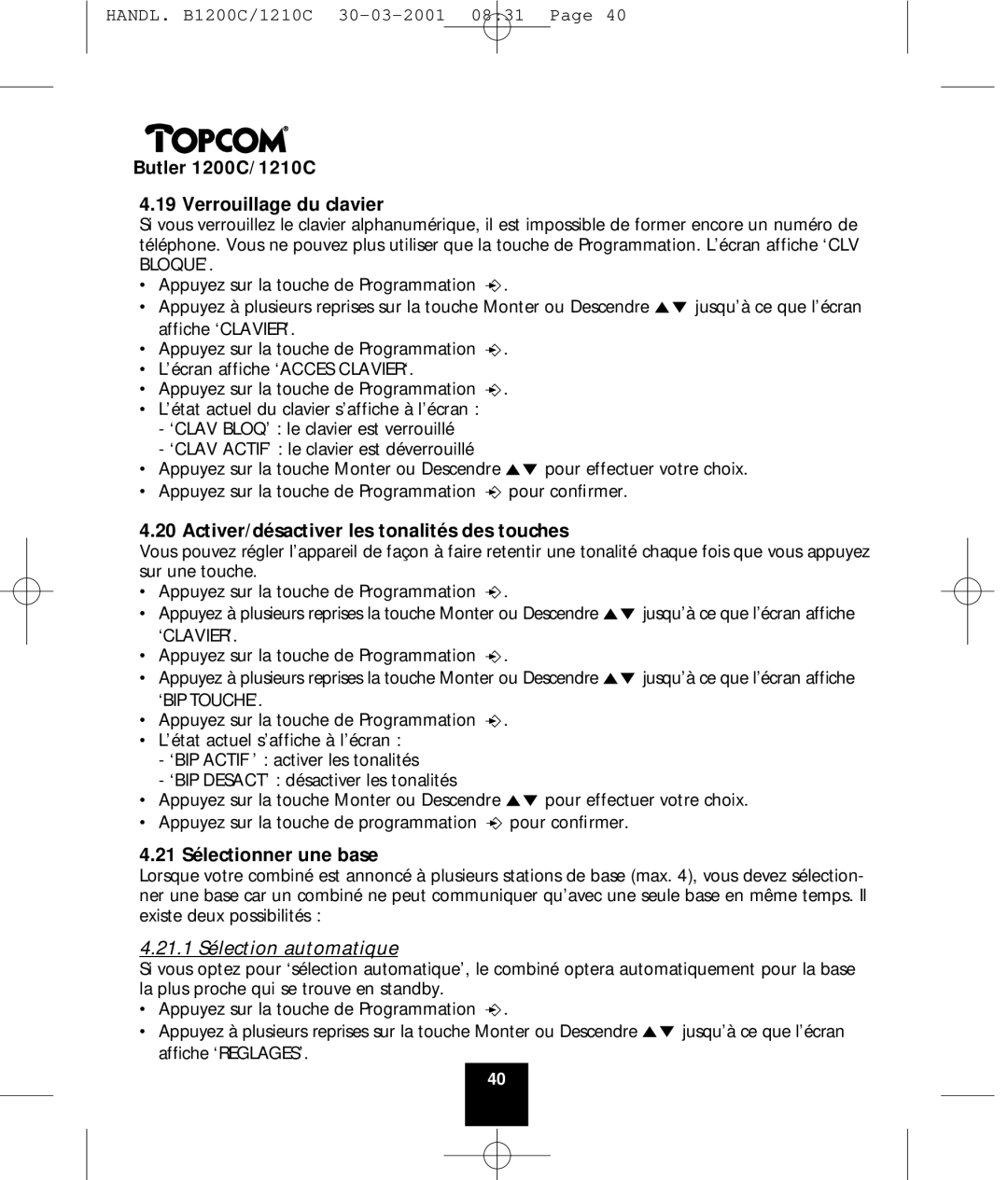 Topcom 1200C, 1210C manual Verrouillage du clavier, Activer/désactiver les tonalités des touches, 21 Sélectionner une base 