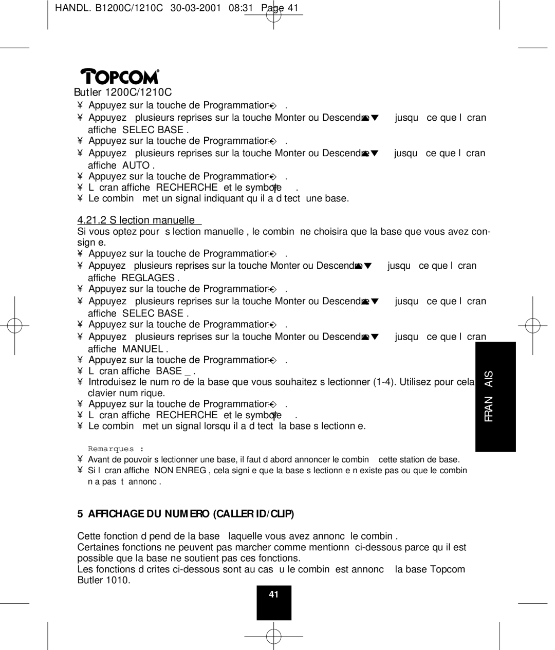 Topcom 1210C, 1200C manual 21.2 Sélection manuelle, Remarques 