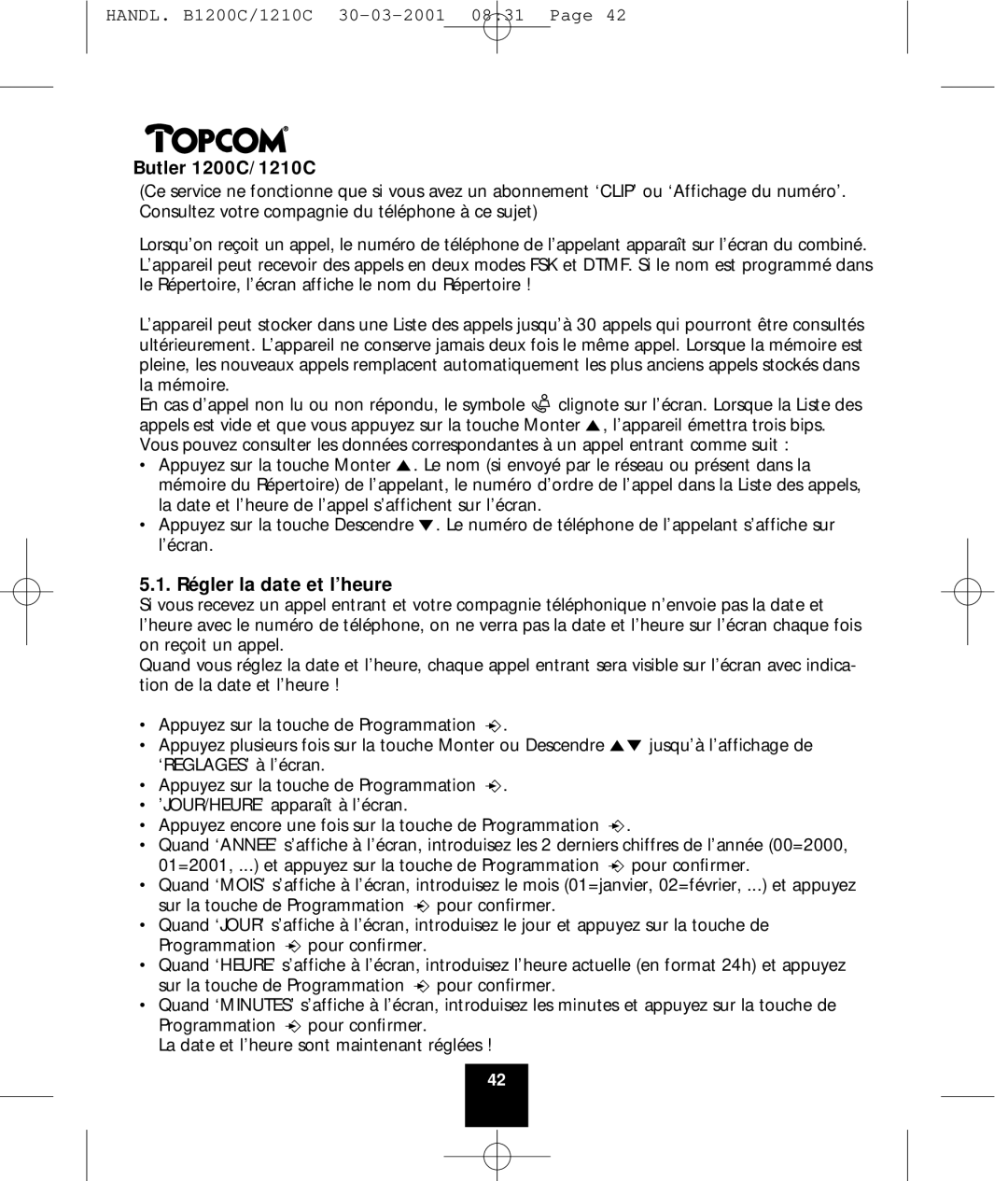 Topcom 1200C, 1210C manual Régler la date et l’heure 