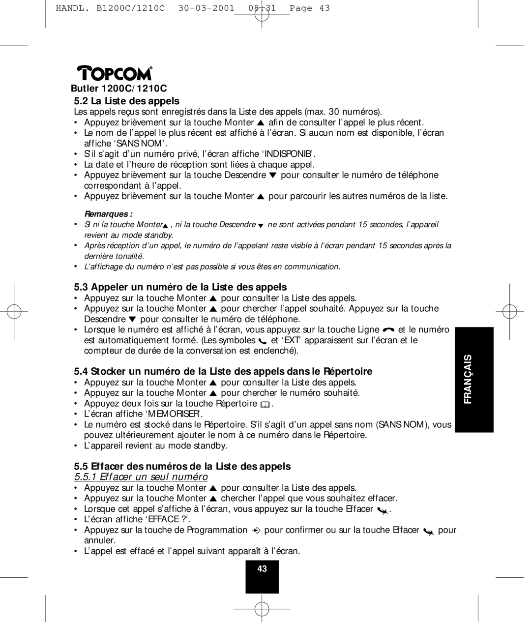 Topcom 1210C, 1200C manual La Liste des appels, Appeler un numéro de la Liste des appels 