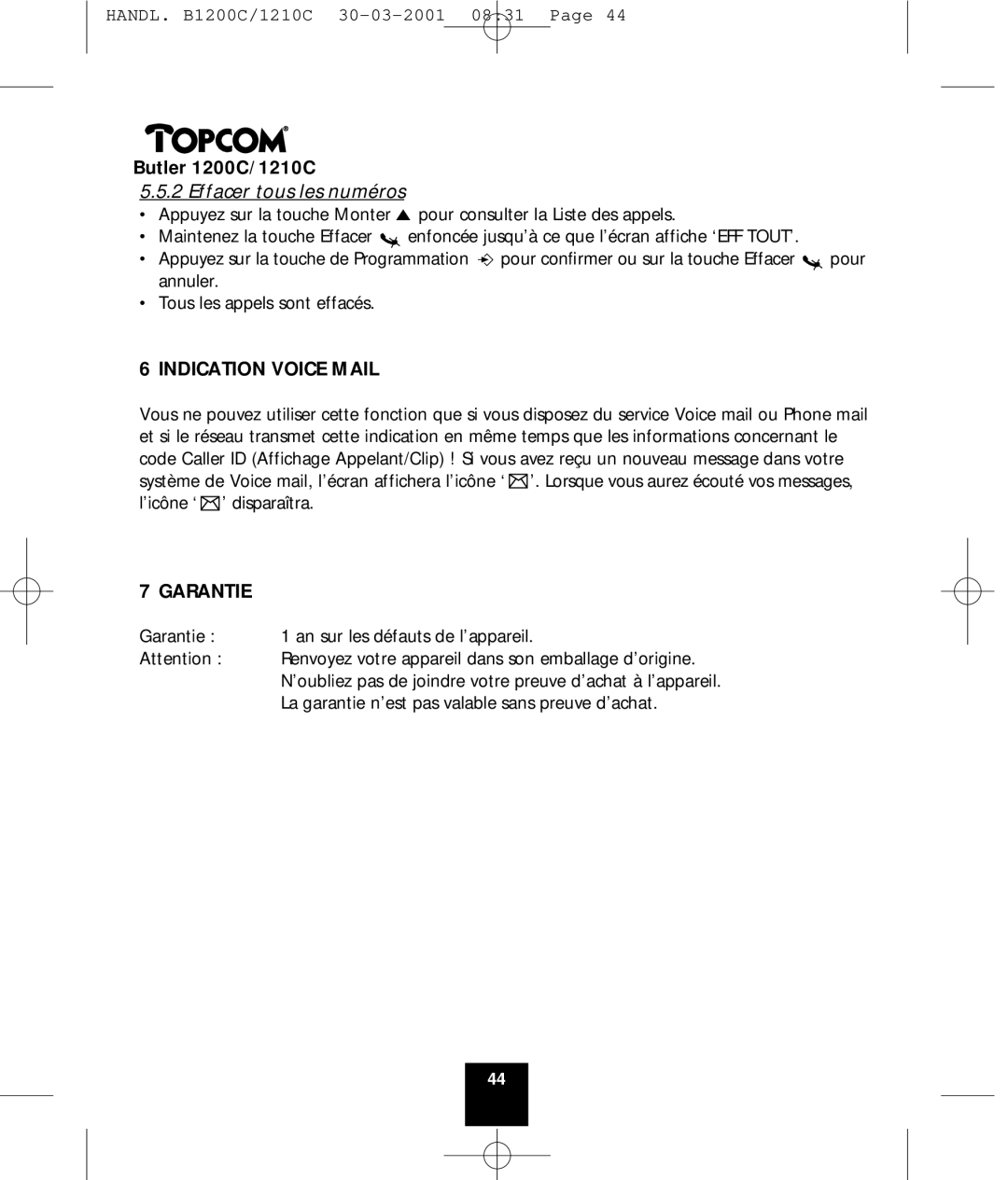 Topcom 1200C, 1210C manual Effacer tous les numéros, Indication Voice Mail 