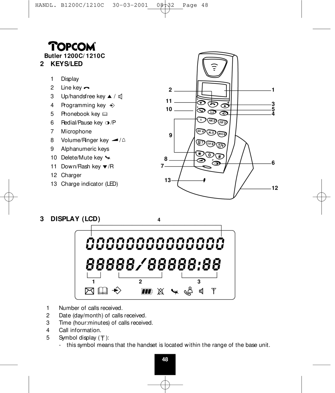 Topcom 1200C, 1210C manual Keys/Led, Display LCD 