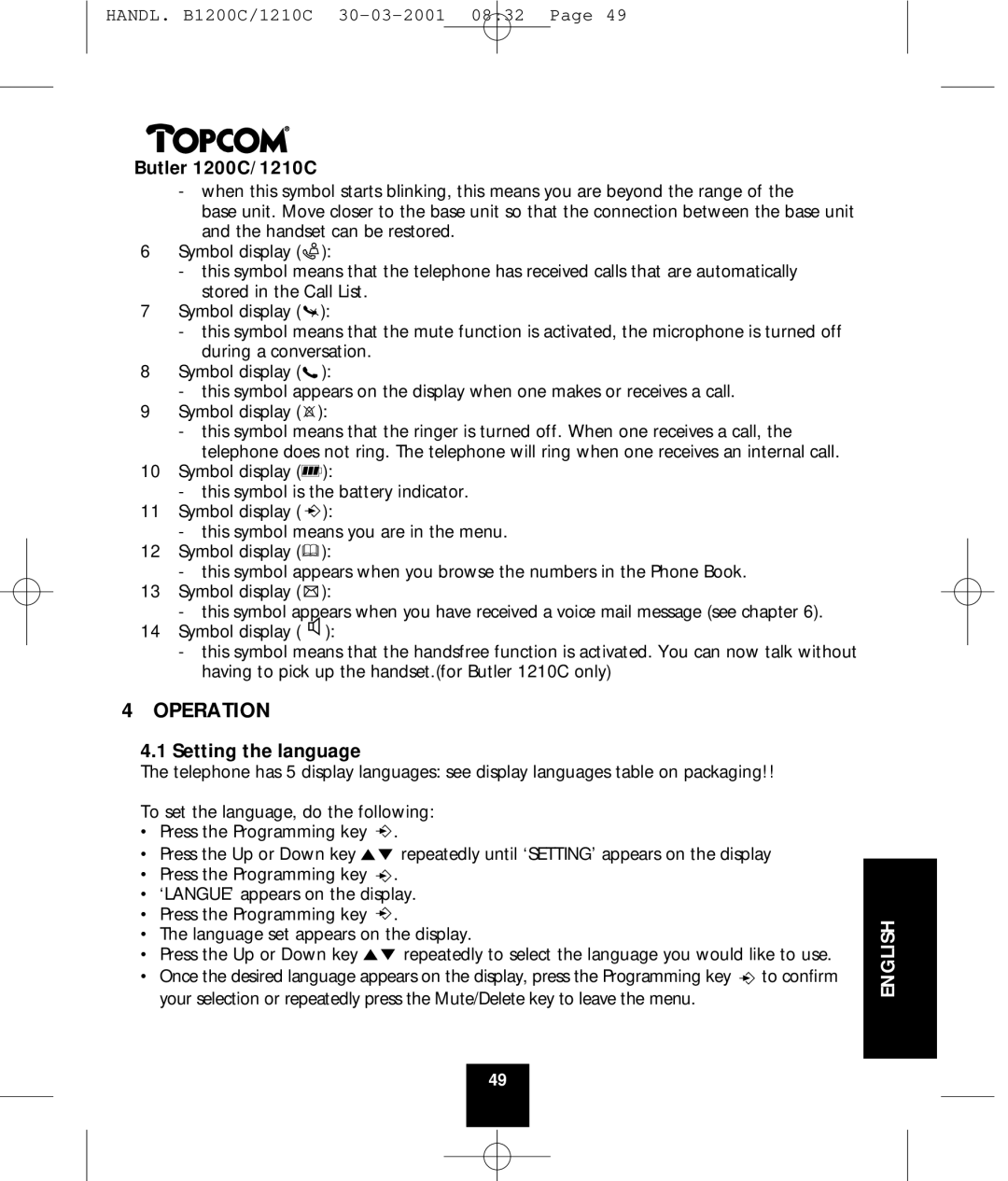 Topcom 1210C, 1200C manual Operation, Setting the language 