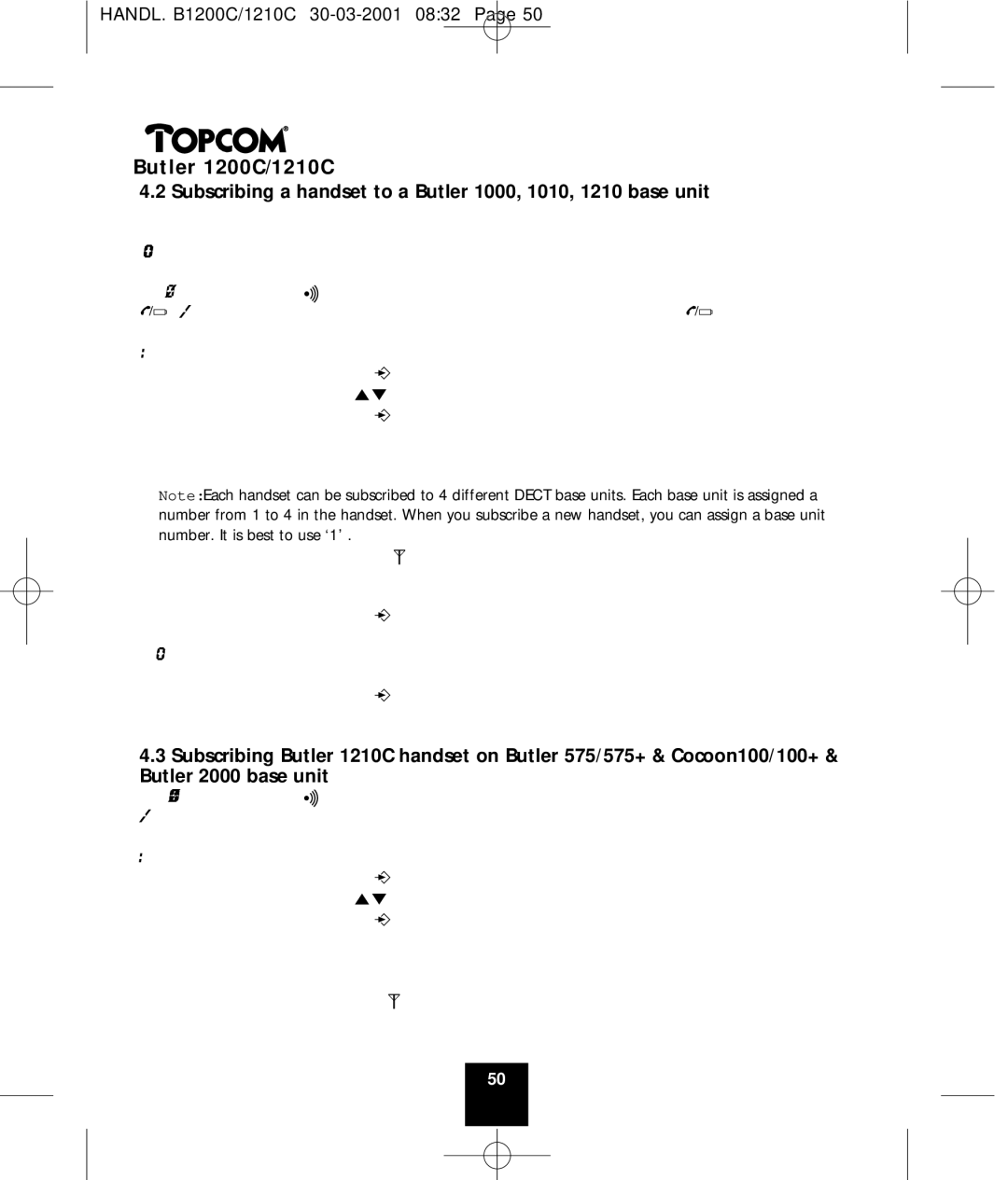 Topcom 1200C, 1210C manual Subscribing a handset to a Butler 1000, 1010, 1210 base unit 