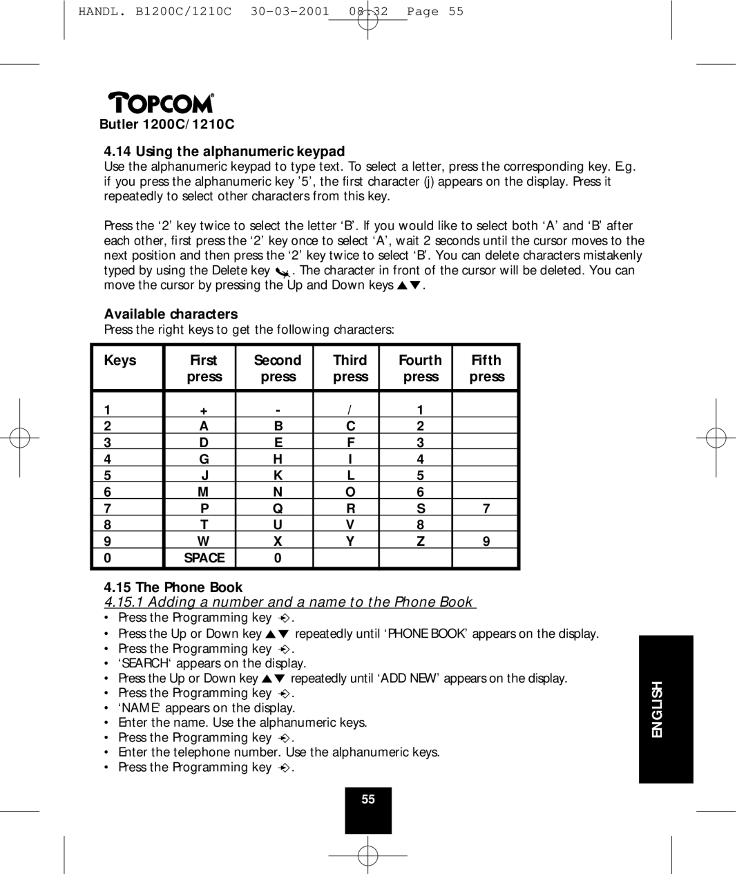 Topcom 1210C, 1200C Using the alphanumeric keypad, Available characters, Keys First Second Third Fourth Fifth, Phone Book 