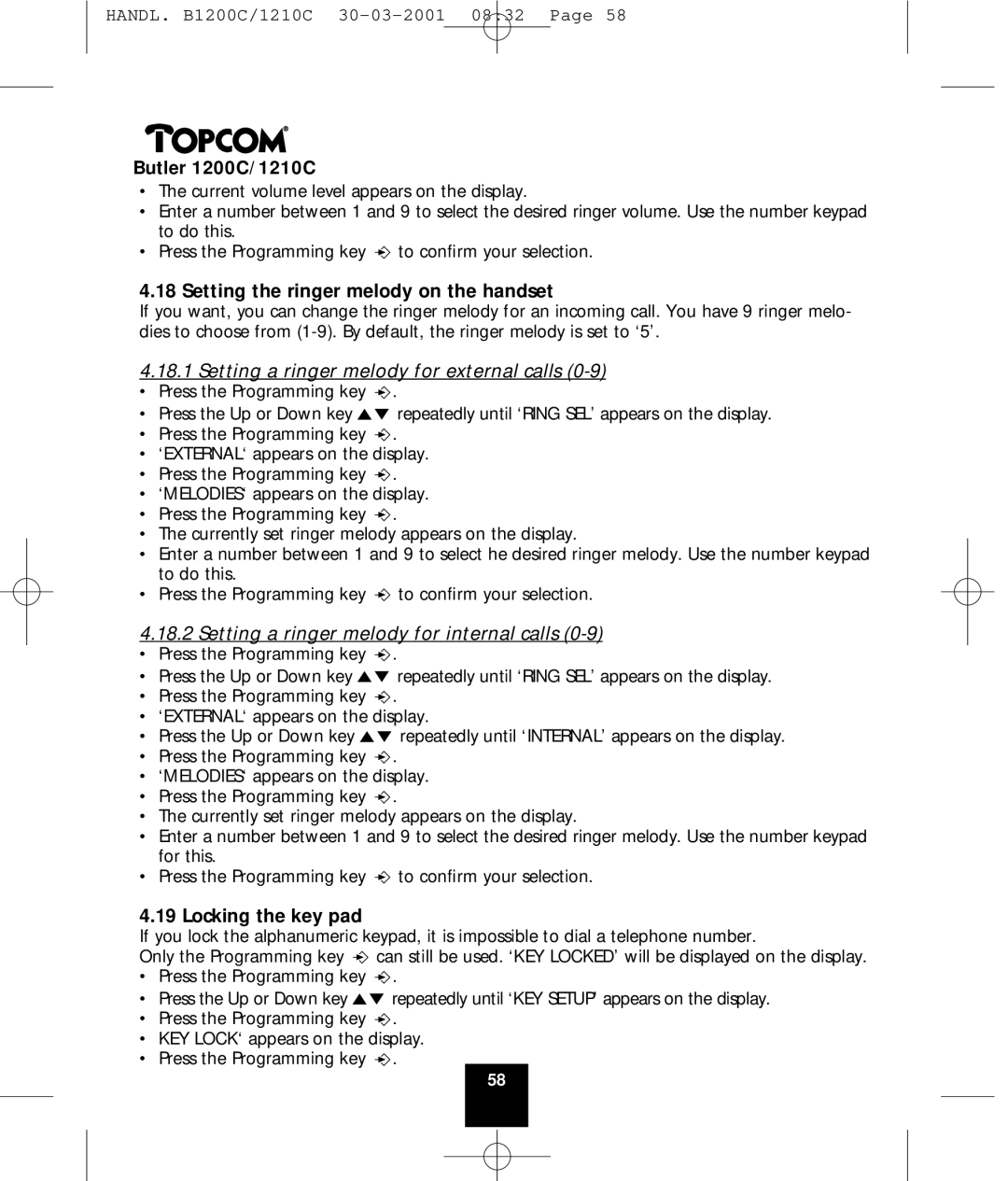 Topcom 1200C Setting the ringer melody on the handset, Setting a ringer melody for external calls, Locking the key pad 