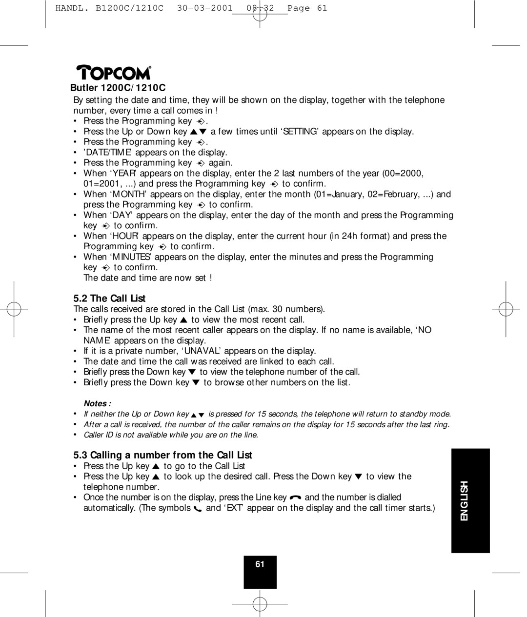 Topcom 1210C, 1200C manual Calling a number from the Call List 