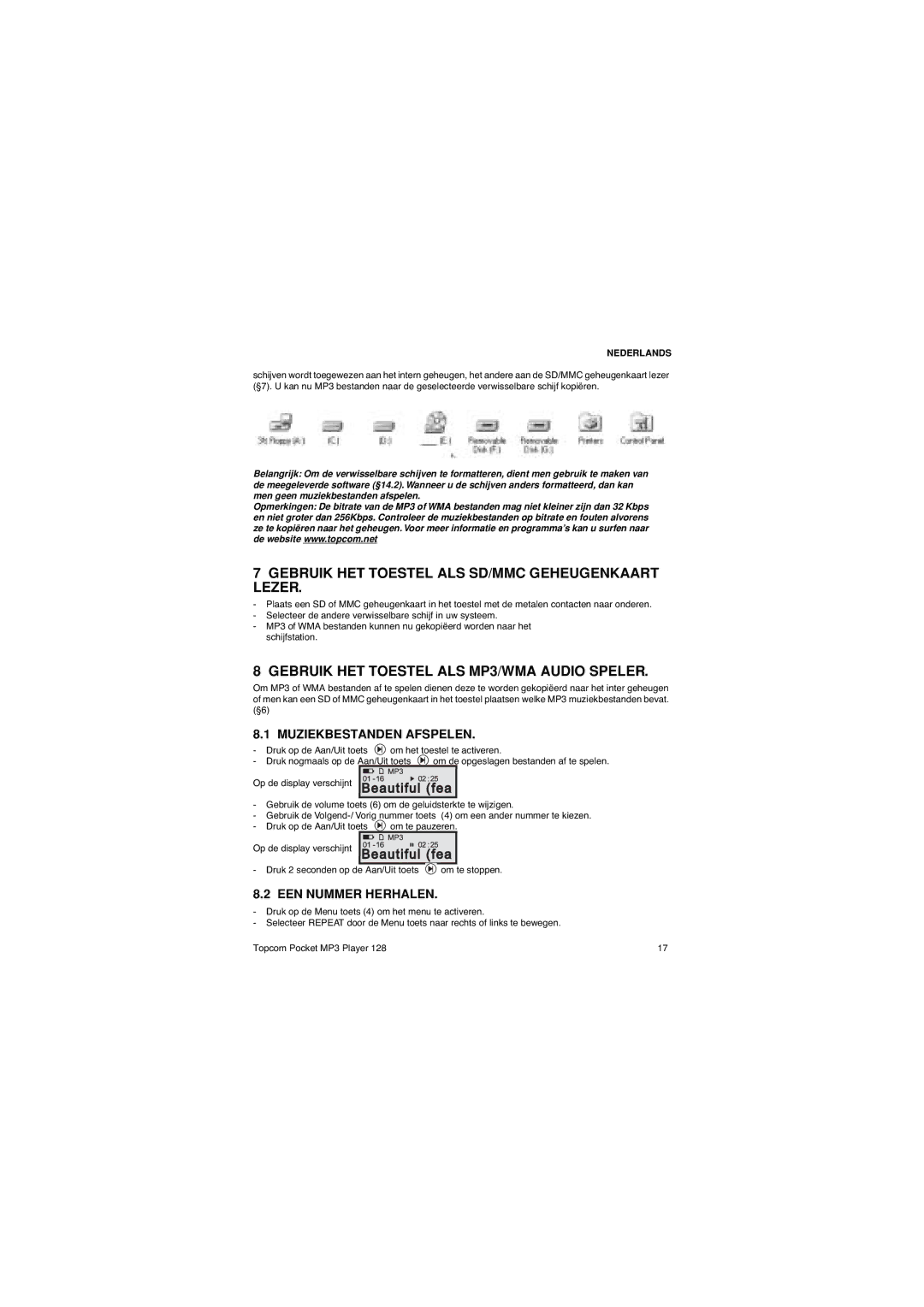 Topcom 128 manual Gebruik HET Toestel ALS SD/MMC Geheugenkaart Lezer, Gebruik HET Toestel ALS MP3/WMA Audio Speler 