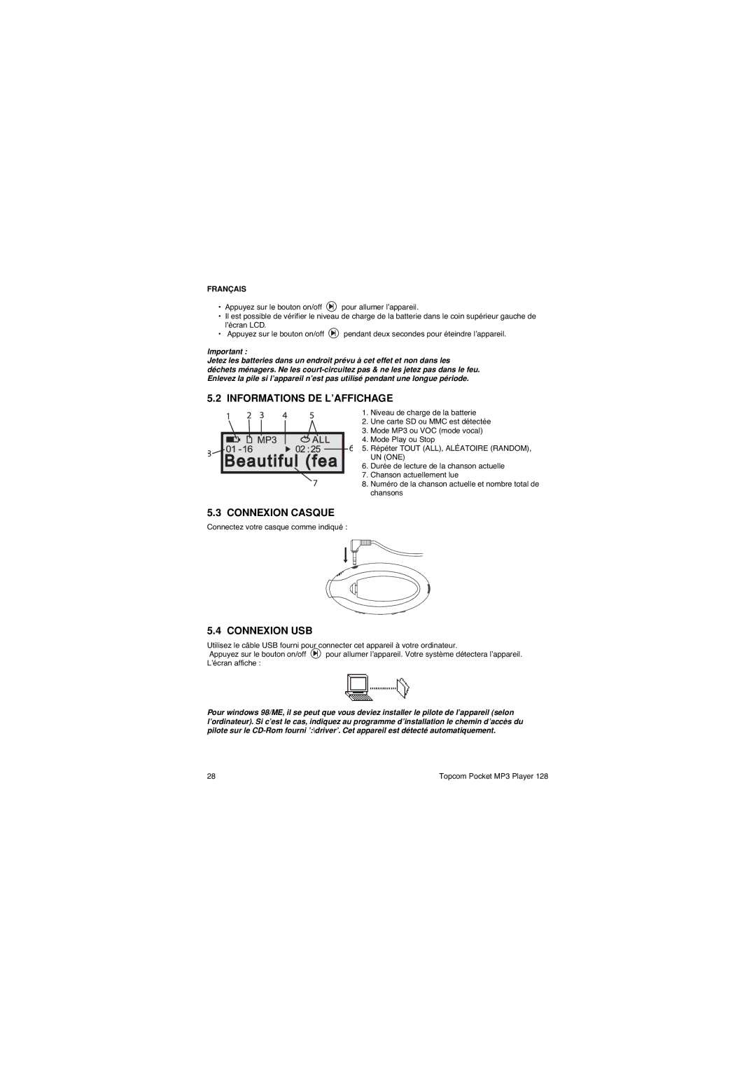 Topcom 128 manual Informations DE L’AFFICHAGE, Connexion Casque, Connexion USB 