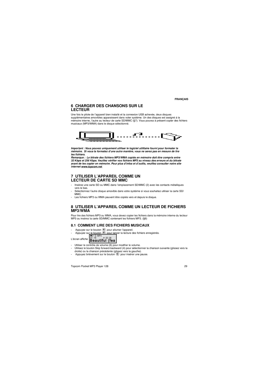 Topcom 128 manual Charger DES Chansons SUR LE Lecteur, Utiliser L’APPAREIL Comme UN Lecteur DE Carte SD MMC 