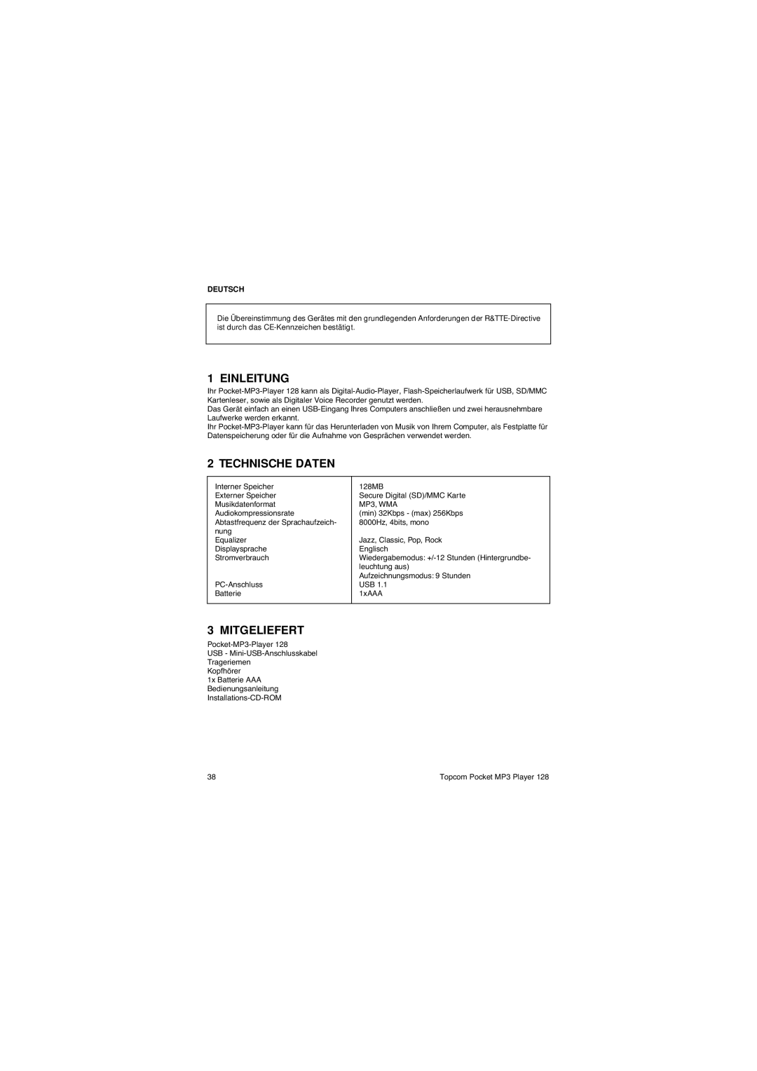 Topcom 128 manual Einleitung, Technische Daten, Mitgeliefert 