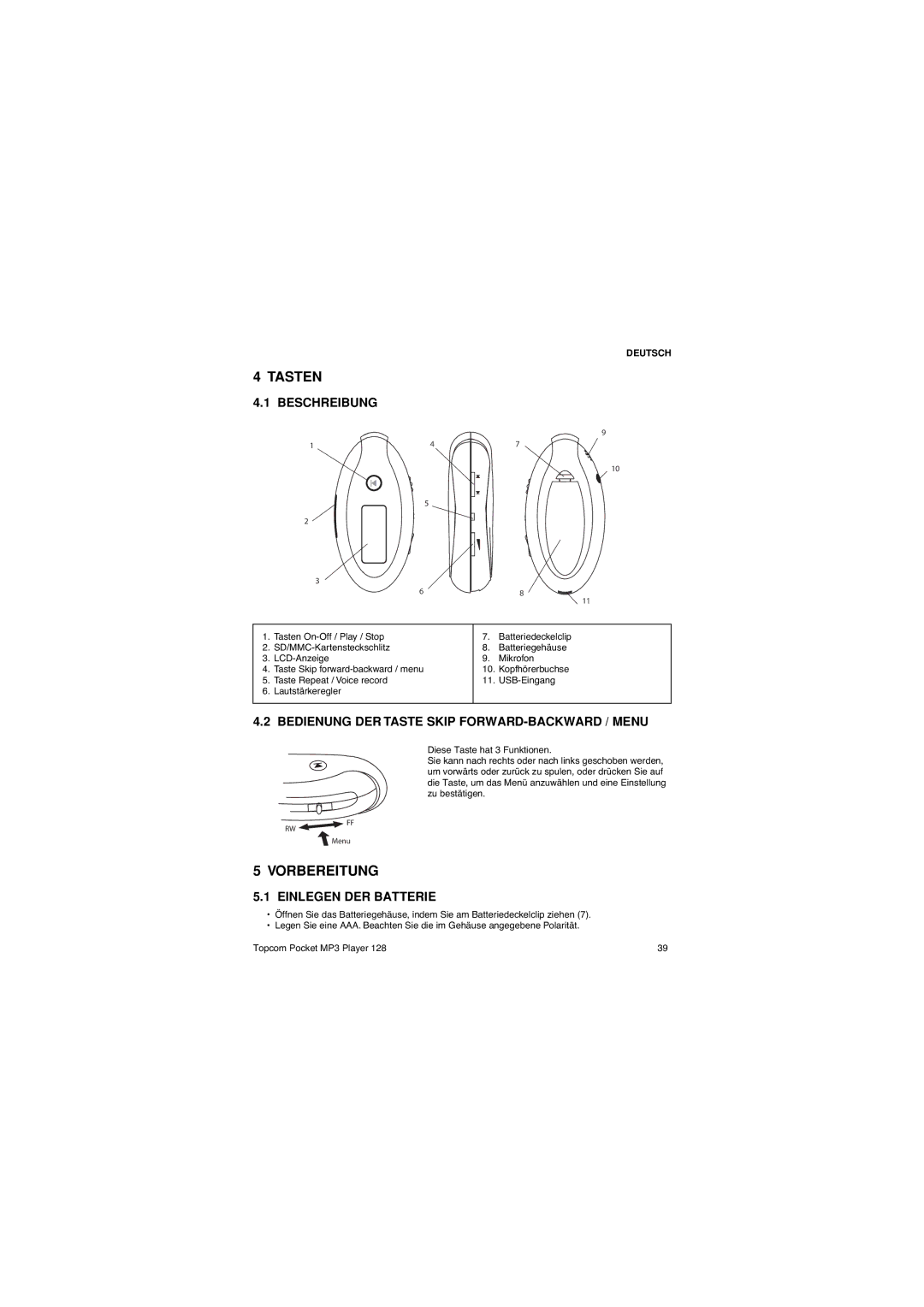 Topcom 128 Tasten, Vorbereitung, Beschreibung, Bedienung DER Taste Skip FORWARD-BACKWARD / Menu, Einlegen DER Batterie 