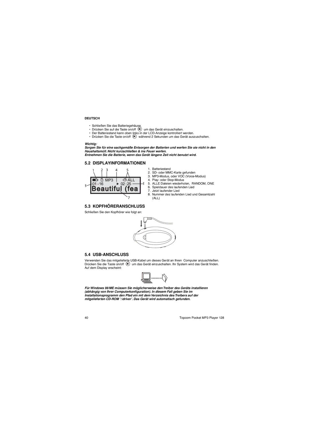 Topcom 128 manual Displayinformationen, Kopfhöreranschluss, Usb-Anschluss 