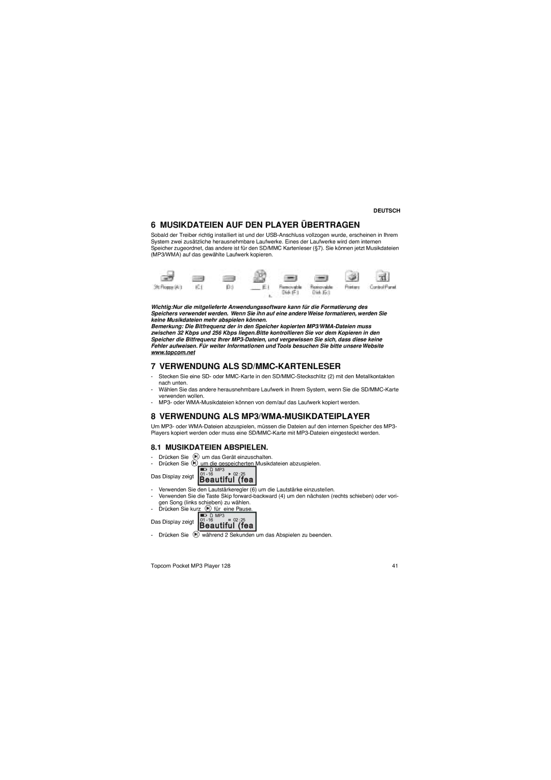 Topcom 128 manual Musikdateien AUF DEN Player Übertragen, Verwendung ALS SD/MMC-KARTENLESER, Musikdateien Abspielen 