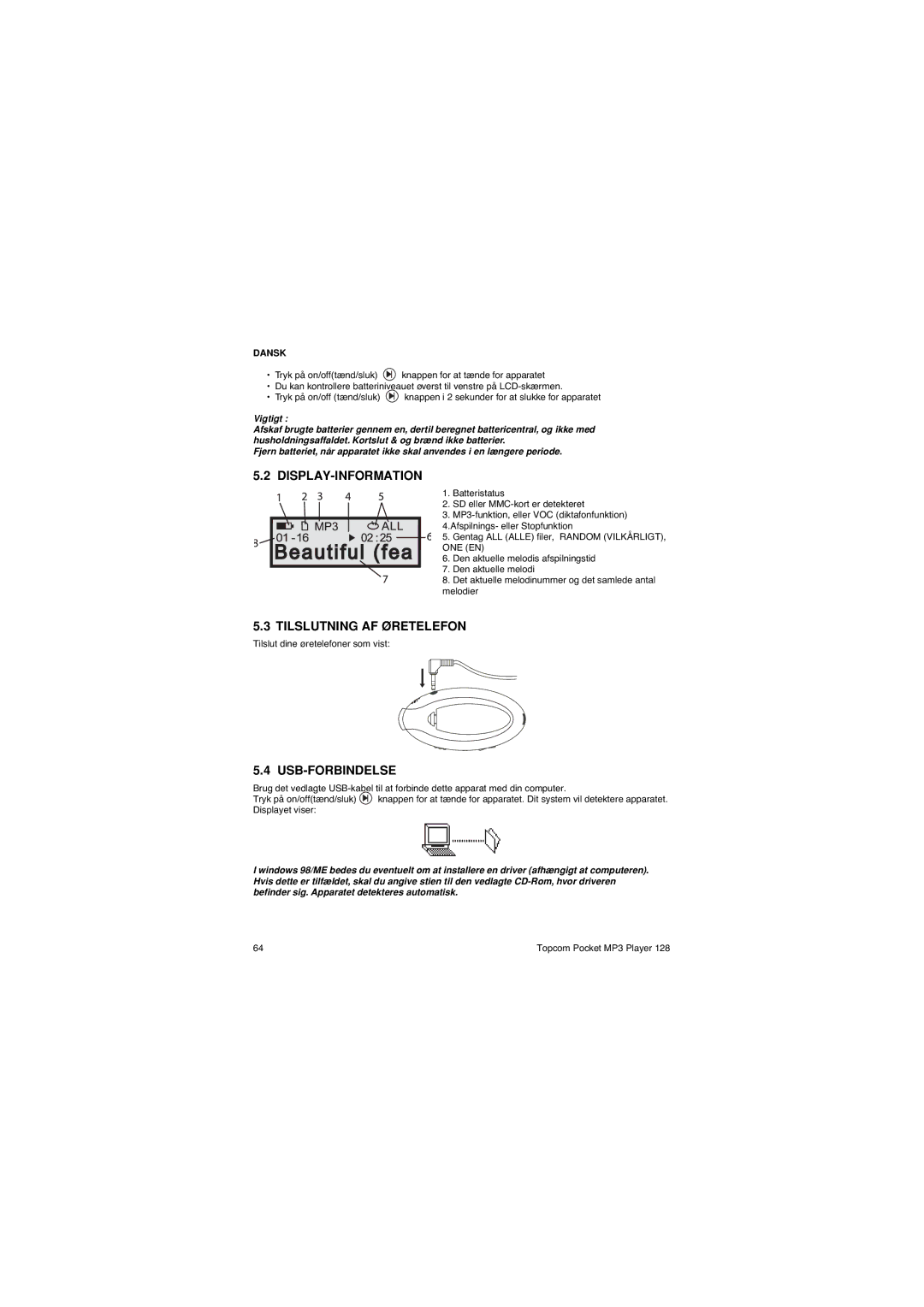 Topcom 128 manual Display-Information, Tilslutning AF Øretelefon, Usb-Forbindelse 