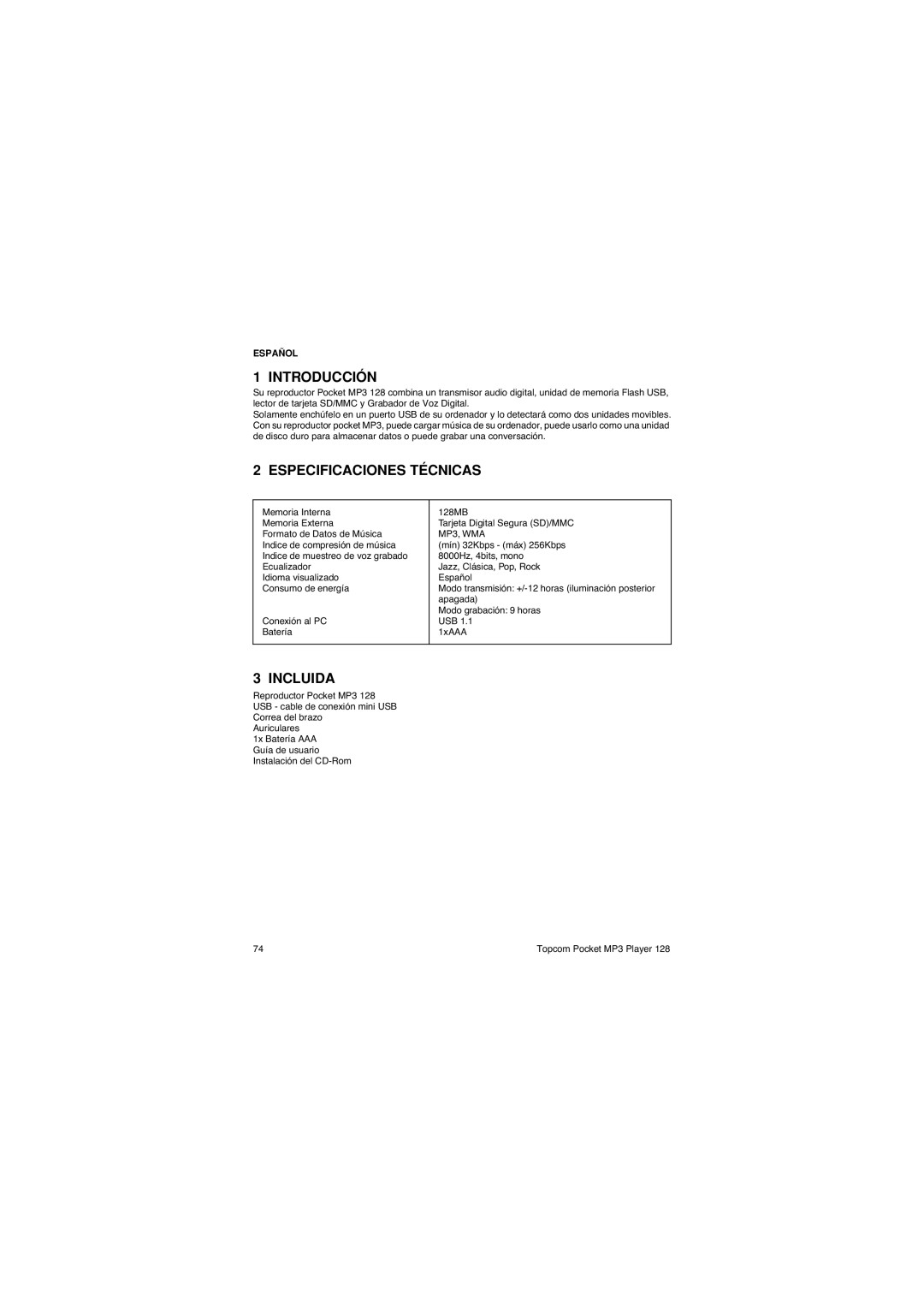 Topcom 128 manual Introducción, Especificaciones Técnicas, Incluida 