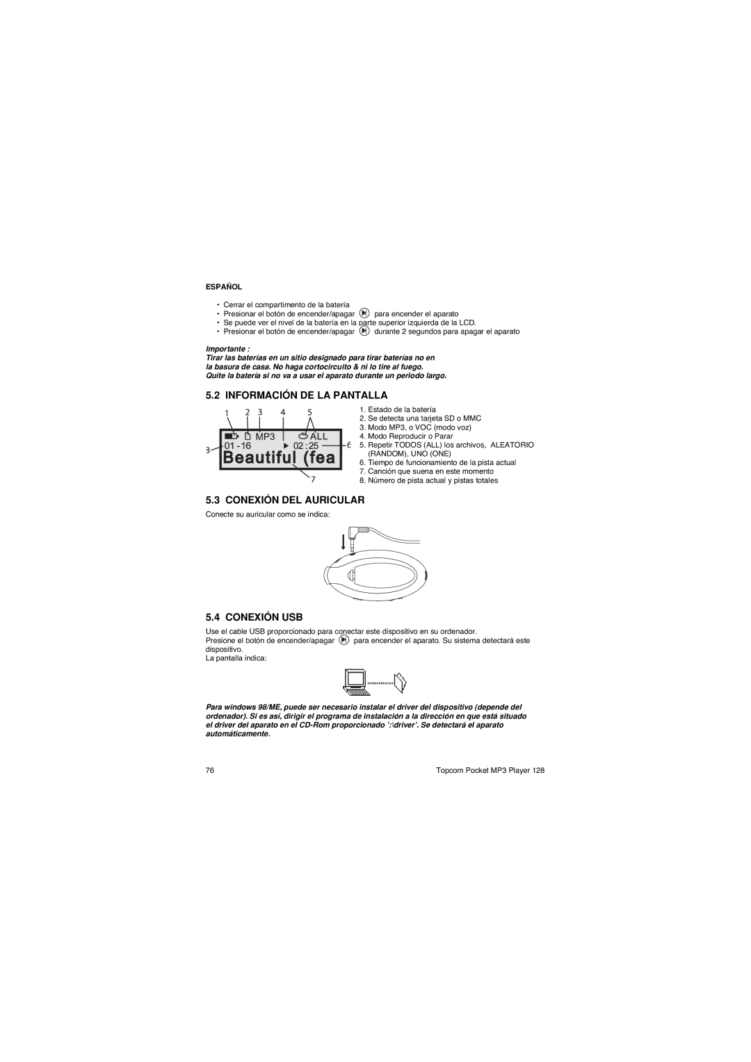 Topcom 128 manual Información DE LA Pantalla, Conexión DEL Auricular, Conexión USB 