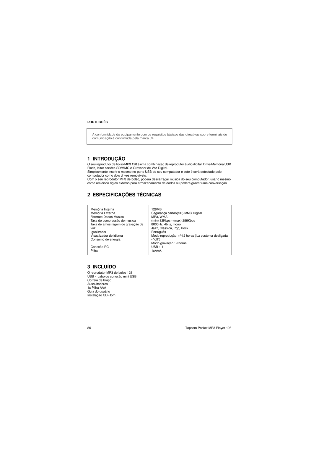 Topcom 128 manual Introdução, Especificações Técnicas, Incluído 