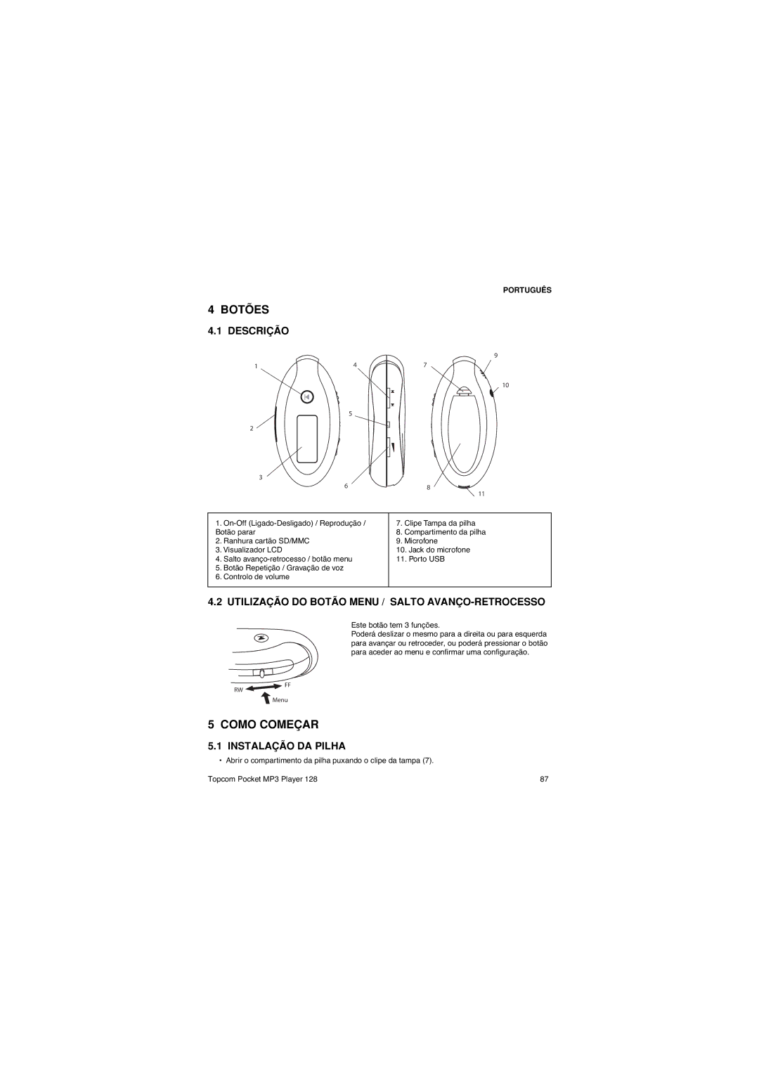 Topcom 128 manual Botões, Como Começar, Descrição, Utilização do Botão Menu / Salto AVANÇO-RETROCESSO, Instalação DA Pilha 