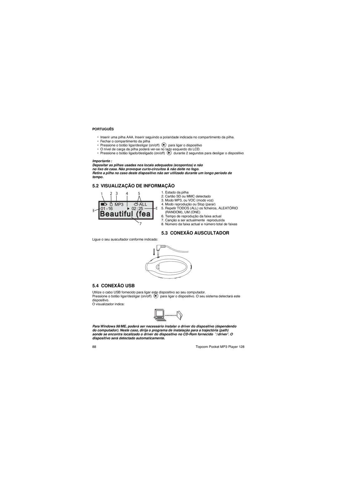 Topcom 128 manual Visualização DE Informação, Conexão Auscultador, Conexão USB 