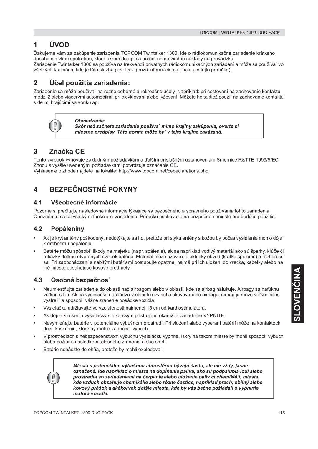 Topcom 1300 DUO PACK manual do utilizador Sloven, Úvod, Zna CE, Bezpe 