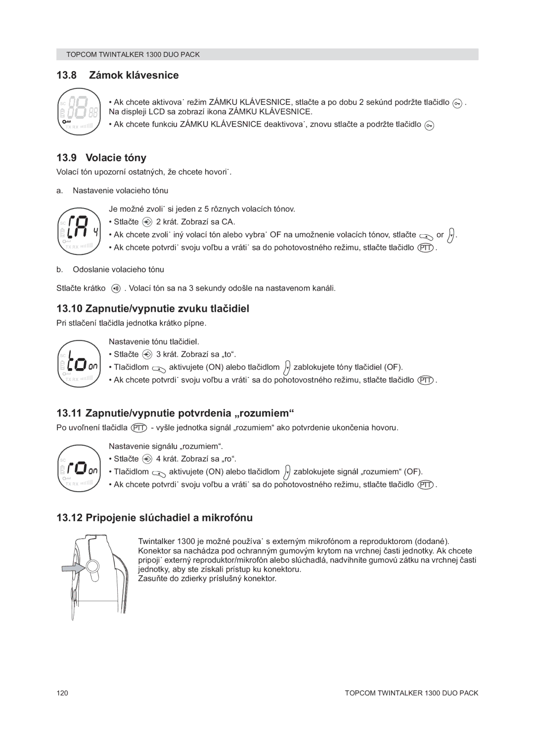 Topcom 1300 DUO PACK manual do utilizador 13.8 Zámok klávesnice, Volacie tóny, Zapnutie/vypnutie zvuku tlaidiel 