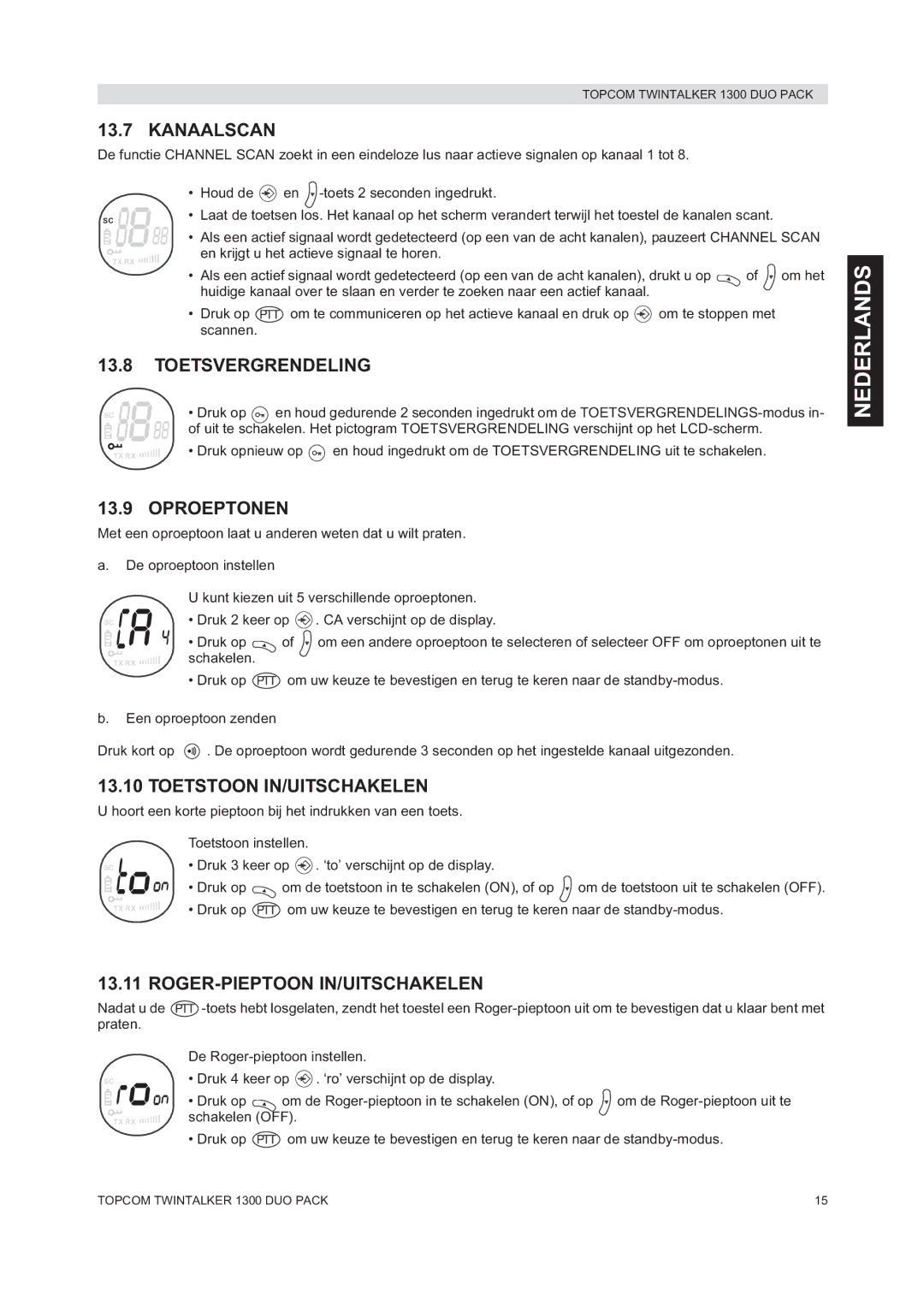 Topcom 1300 DUO PACK manual do utilizador Kanaalscan, Toetsvergrendeling, Oproeptonen, Toetstoon IN/UITSCHAKELEN 