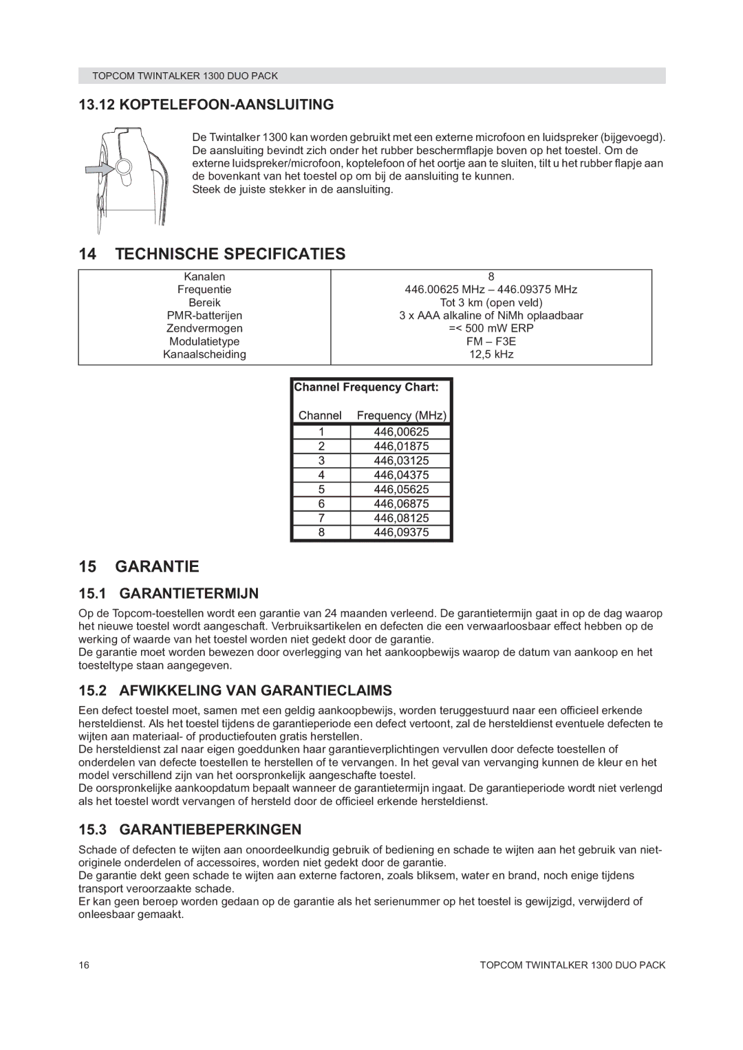 Topcom 1300 DUO PACK manual do utilizador Technische Specificaties, Garantie 