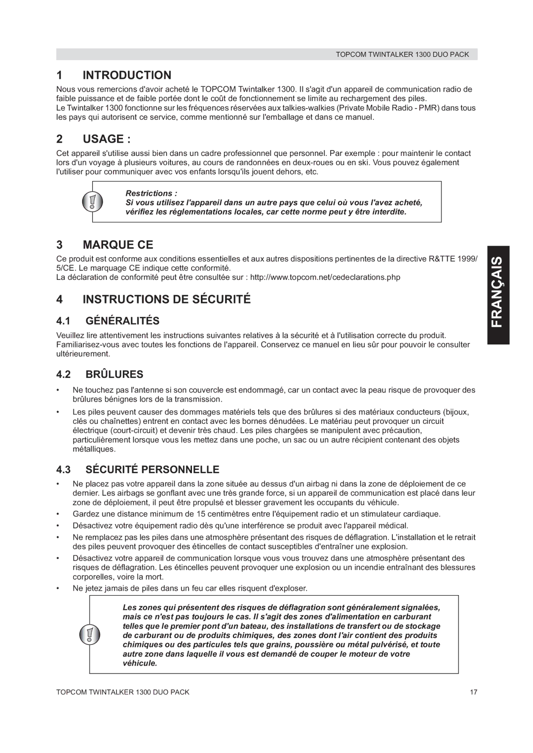 Topcom 1300 DUO PACK manual do utilizador Français, Usage, Marque CE, Instructions DE Sécurité 