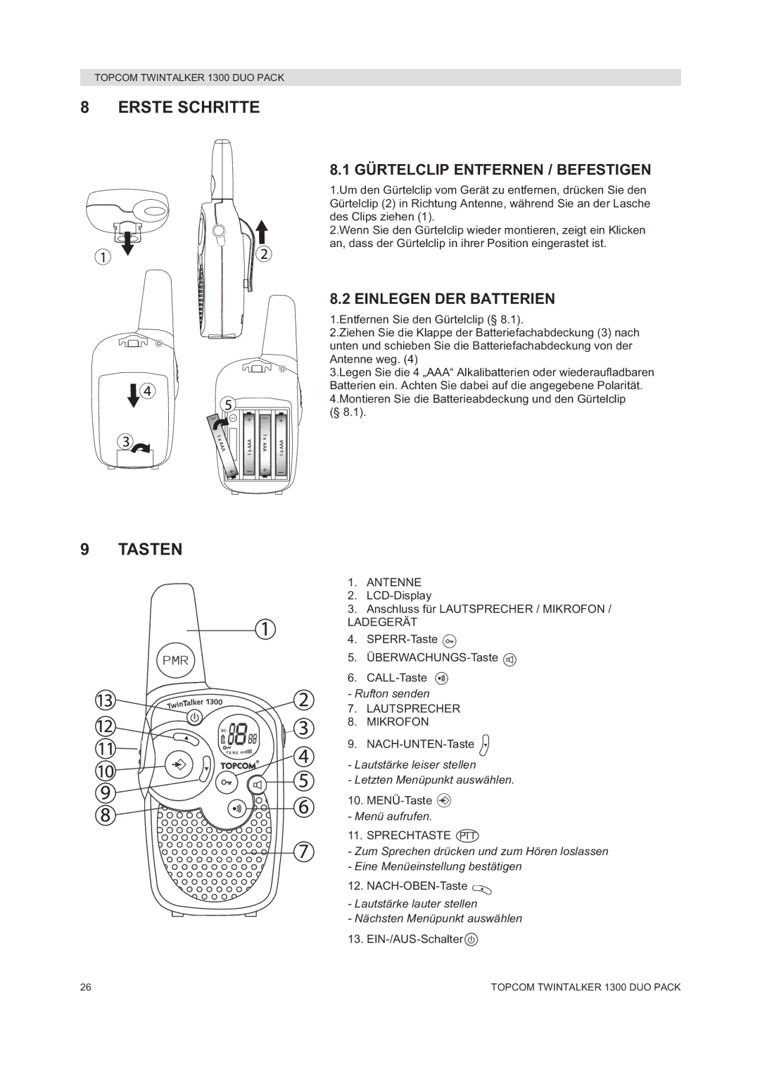 Topcom 1300 DUO PACK manual do utilizador Erste Schritte, Tasten, Gürtelclip Entfernen / Befestigen, Einlegen DER Batterien 