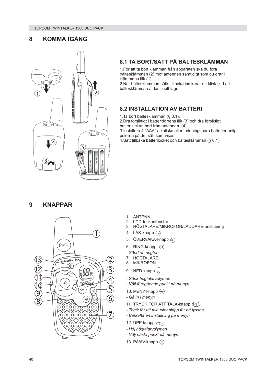 Topcom 1300 DUO PACK manual do utilizador Komma Igång, Knappar, TA BORT/SÄTT PÅ Bältesklämman, Installation AV Batteri 