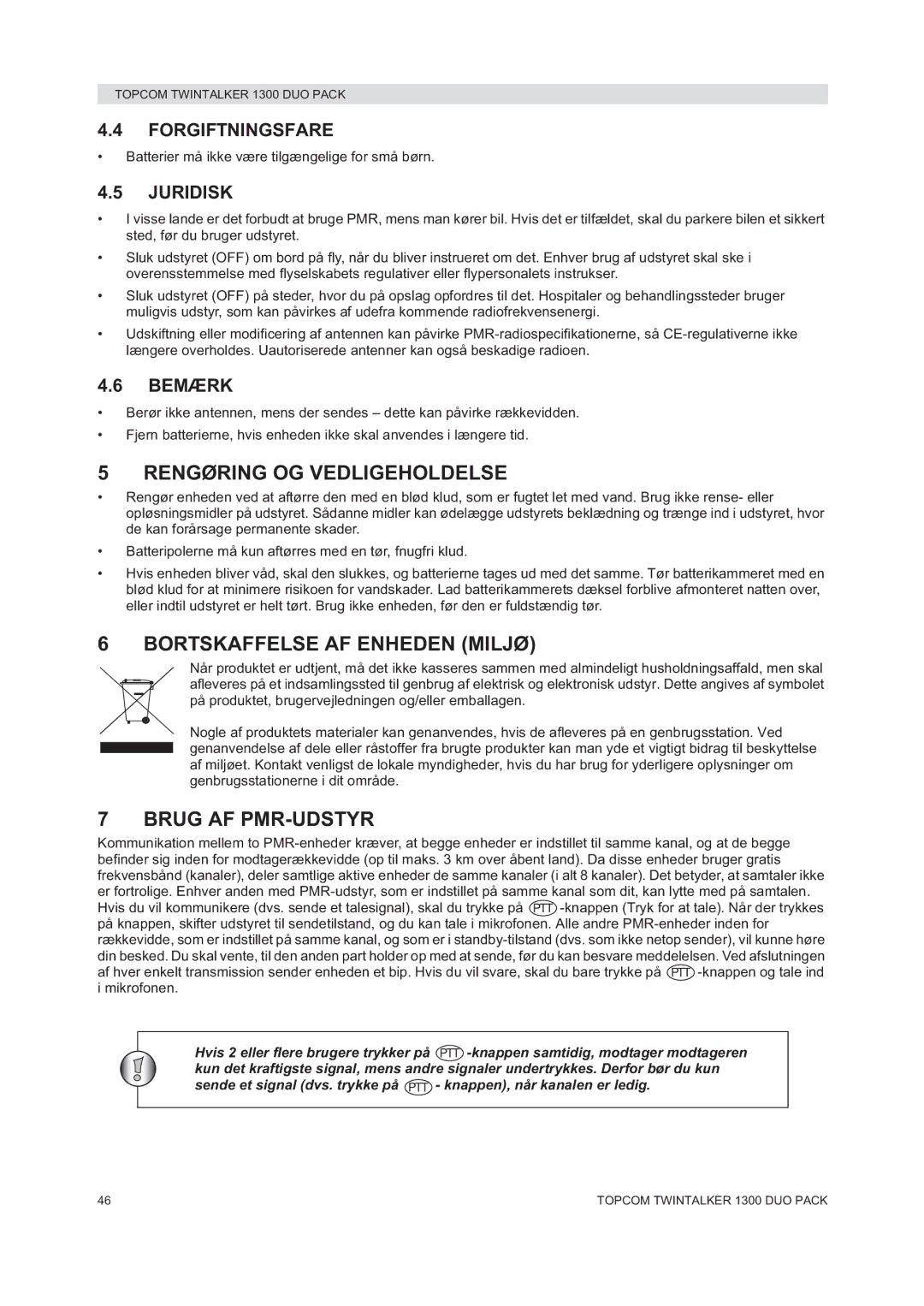 Topcom 1300 DUO PACK manual do utilizador Rengøring OG Vedligeholdelse, Bortskaffelse AF Enheden Miljø, Brug AF PMR-UDSTYR 