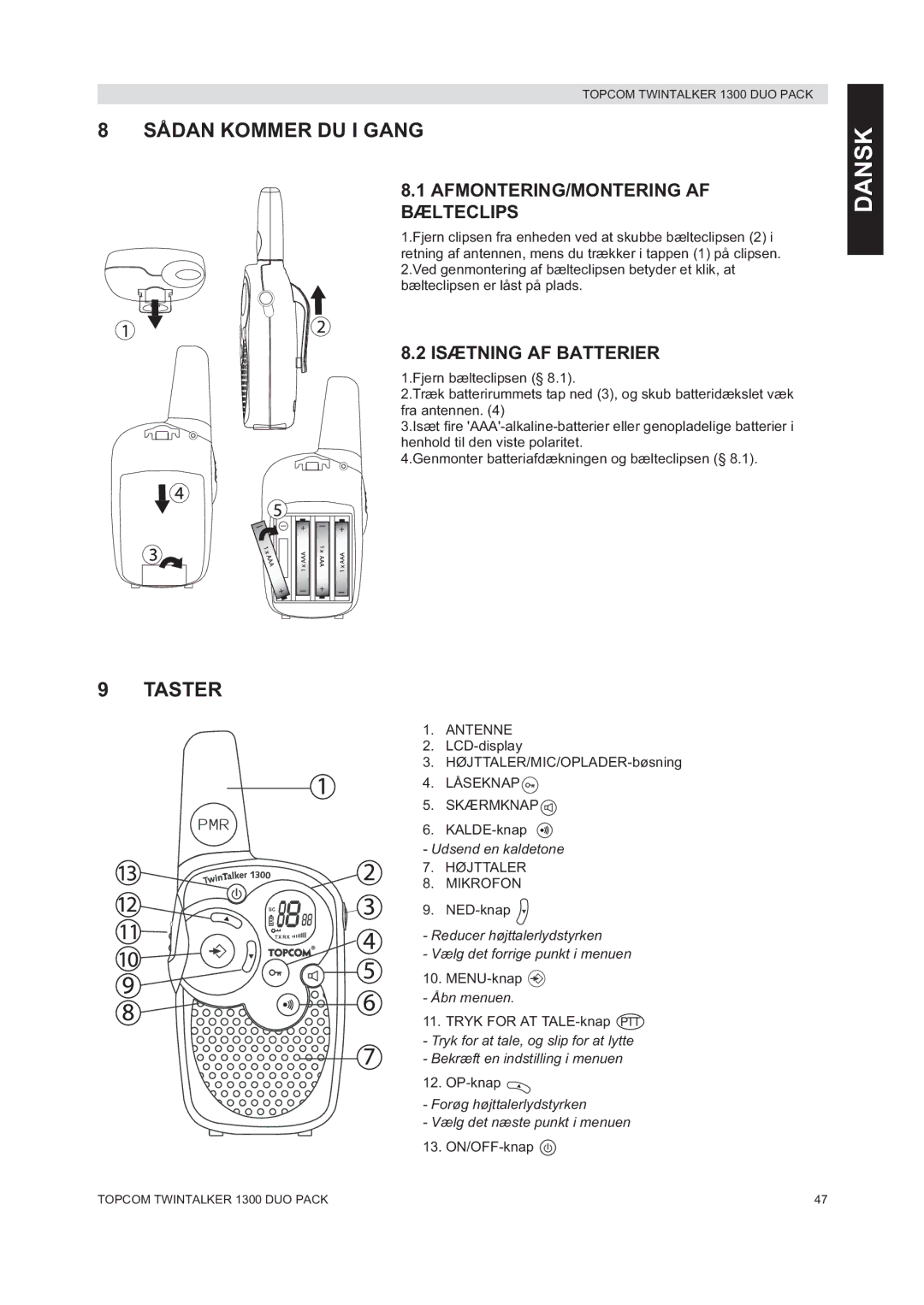 Topcom 1300 DUO PACK Sådan Kommer DU I Gang, Taster, AFMONTERING/MONTERING AF Bælteclips, Isætning AF Batterier 