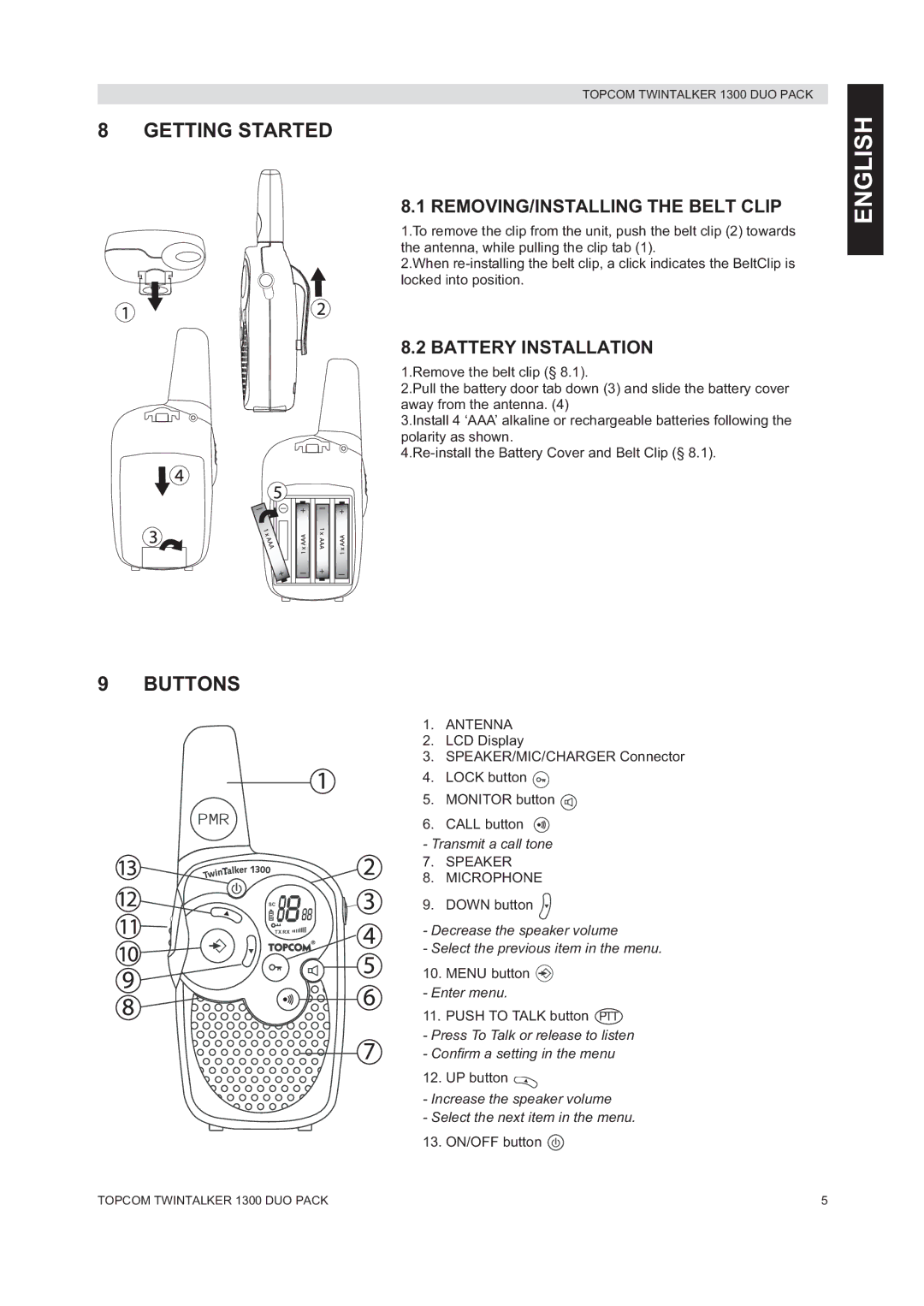 Topcom 1300 DUO PACK manual do utilizador Getting Started, Buttons, REMOVING/INSTALLING the Belt Clip, Battery Installation 