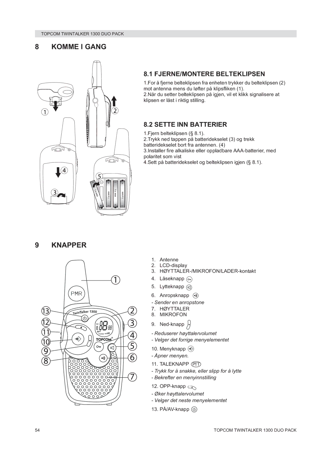 Topcom 1300 DUO PACK manual do utilizador Komme I Gang, Knapper, FJERNE/MONTERE Belteklipsen, Sette INN Batterier 