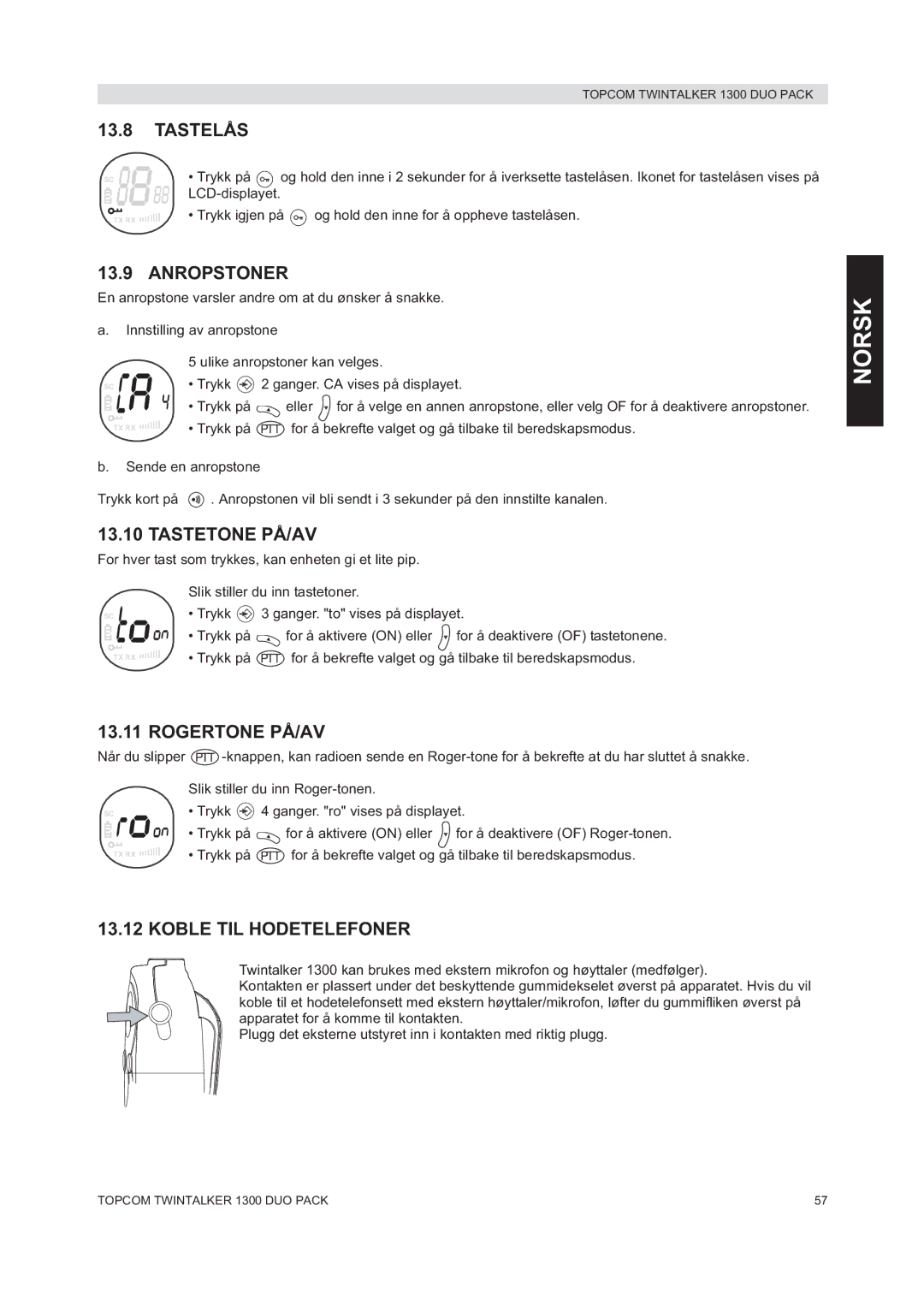 Topcom 1300 DUO PACK manual do utilizador Tastelås, Anropstoner, Tastetone PÅ/AV, Rogertone PÅ/AV, Koble TIL Hodetelefoner 