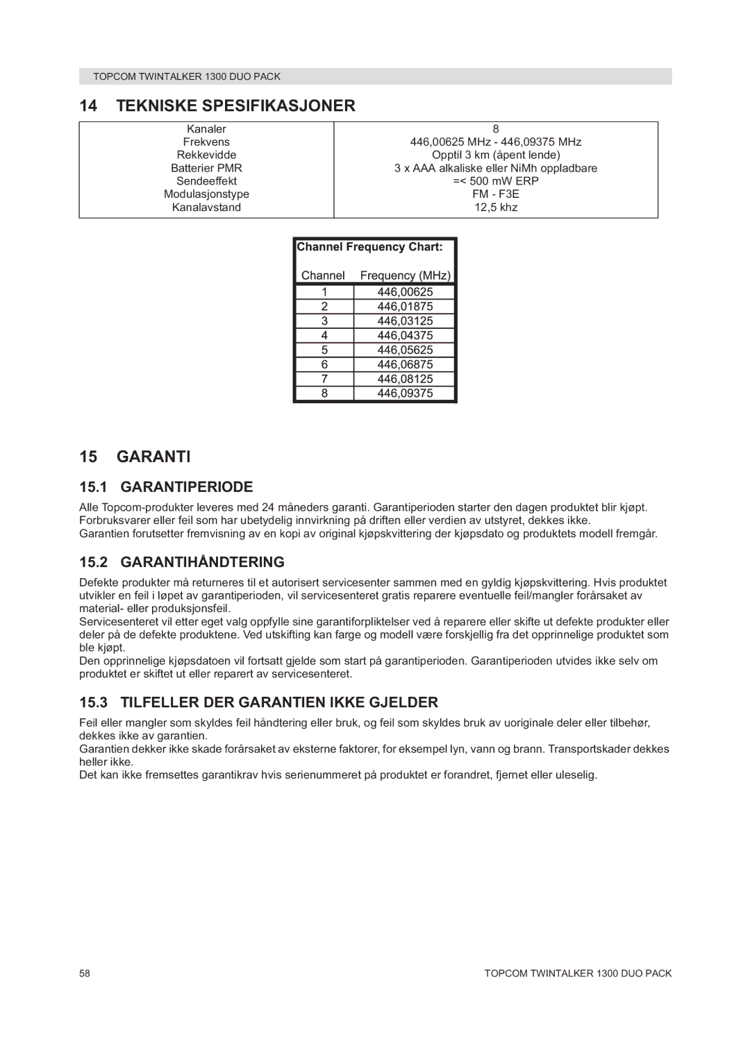 Topcom 1300 DUO PACK manual do utilizador Tekniske Spesifikasjoner, Garantihåndtering, Tilfeller DER Garantien Ikke Gjelder 