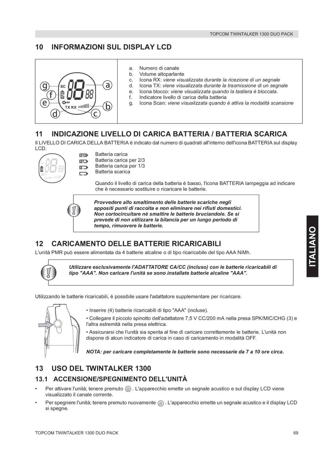 Topcom 1300 DUO PACK Informazioni SUL Display LCD, Indicazione Livello DI Carica Batteria / Batteria Scarica 