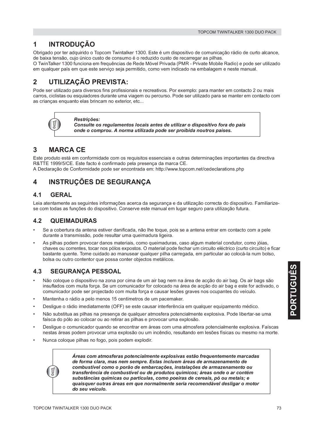 Topcom 1300 DUO PACK manual do utilizador Português, Introdução, Utilização Prevista, Instruções DE Segurança 